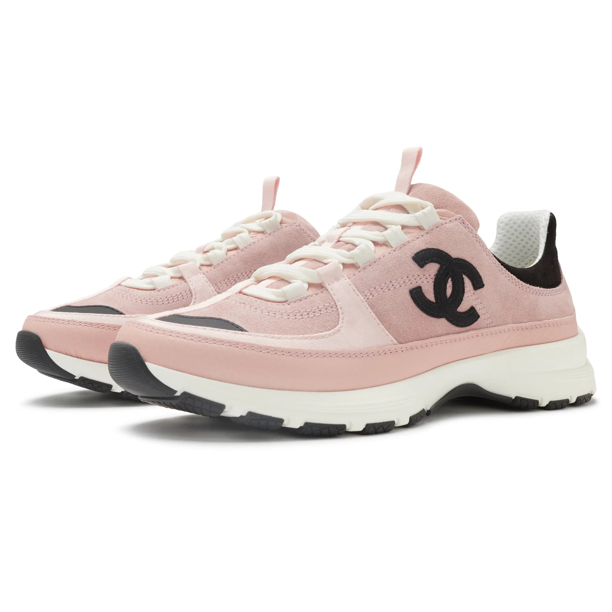 Front Side View of Chanel CC Logo Suede Calfskin Grosgrain Light Pink Black Trainers (W) G47010-B23026-U6221